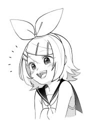  1girl :d blush bon_bon_eee bow_hairband commentary_request cropped_torso greyscale hairband highres kagamine_rin korean_commentary looking_at_viewer medium_hair monochrome neckerchief open_mouth parted_bangs sailor_collar shirt sidelocks simple_background sleeveless sleeveless_shirt smile solo teeth upper_body vocaloid white_background 