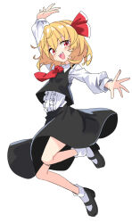  1girl ascot black_shoes black_skirt black_vest blonde_hair blush collared_shirt commentary e.o. full_body hair_ribbon highres long_sleeves looking_at_viewer mary_janes medium_hair open_mouth red_ascot red_eyes red_ribbon ribbon rumia shirt shoes simple_background skirt skirt_set smile socks solo touhou vest white_background white_shirt white_socks 