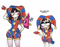  artist_name asymmetrical_gloves black_hair blue_eyes blue_gloves blue_hat colored_skin commentary english_commentary english_text fortnite gloves hand_on_own_hip hat holding holding_behind_back holding_weapon holding_weapon_behind_back jester_cap mismatched_gloves multicolored_eyes pomni_(the_amazing_digital_circus) puzzubugs red_eyes red_gloves red_hat striped_hat the_amazing_digital_circus two-tone_eyes two-tone_hat weapon white_skin zooble_(the_amazing_digital_circus) 
