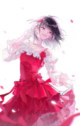  1girl absurdres bead_necklace beads black_hair bob_cut brown_eyes chinese_commentary commentary_request cowboy_shot dress earrings falling_petals flower frilled_dress frilled_thigh_strap frills gloves hair_flower hair_ornament hairclip hand_in_own_hair hand_up highres holding_own_dress jewelry layered_dress long_sleeves necklace off-shoulder_dress off_shoulder petals qiao_ling red_dress red_flower red_petals shiguang_dailiren simple_background single_off_shoulder smile solo spaghetti_strap standing teeth thigh_strap white_background white_gloves white_sleeves yi_ke_si_qsi_mi 