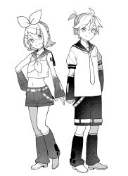  1boy 1girl ahoge arm_tattoo belt blush bon_bon_eee bow commentary_request crop_top cropped_shirt detached_sleeves double-parted_bangs full_body greyscale hair_between_eyes hair_bow hair_ornament hairclip halftone headphones highres kagamine_len kagamine_rin korean_commentary leg_warmers looking_at_viewer medium_hair midriff monochrome navel neckerchief necktie number_tattoo parallel_hairclips parted_bangs ponytail sailor_collar shirt shoes short_hair short_ponytail short_shorts short_sleeves shorts sidelocks simple_background sleeveless sleeveless_shirt smile standing tattoo vocaloid white_background 