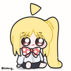  1girl :3 ahoge blonde_hair blush bocchi_the_rock! bow bowtie chibi chibi_only detached_ahoge english_commentary highres ijichi_nijika long_hair lulalang red_eyes school_uniform shirt side_ponytail sitting skirt solo twitter_username white_background 
