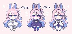  1girl :< ahoge animal_ears bandages blue_eyes blue_hair closed_mouth colored_extremities colored_inner_hair commentary_request denia_(breakdown)_(wuthering_waves) denia_(wuthering_waves) dress gloves hair_ornament kemonomimi_mode long_hair looking_at_viewer mono_mon multicolored_hair multiple_views open_mouth pink_background pink_hair purple_dress rabbit_ears rabbit_girl red_gloves smile violet_eyes white_dress wuthering_waves 