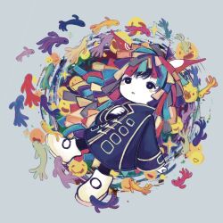  1boy black_socks blue_background blue_coat blush coat colored_skin commentary emoji english_commentary fish highres horns hoshi-kun_(kikuo) kikuo long_hair moss_(honey_cosmos) multicolored_hair rainbow_hair red_horns shoes socks solo trench_coat white_shoes white_skin yellow_trim 