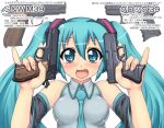  39 aqua_eyes aqua_hair blush detached_sleeves dual_wielding fang glock gun handgun hase_yu hatsune_miku long_hair mikupa necktie open_mouth pinky_out pistol pun simple_background solo trigger_discipline twintails vocaloid weapon 