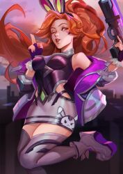  battle_bunny_miss_fortune clothing_cutout commentary finger_gun gun highres hip_vent holding holding_gun holding_weapon jacket kamiaodeyemao league_of_legends lips miss_fortune_(league_of_legends) off_shoulder orange_hair red_lips skirt thigh-highs weapon 