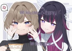  2girls :s adversarial_noise alternate_costume anger_vein black_hair black_sweater blue_eyes blue_pupils blush border bright_pupils brown_hair casual cheek_pull closed_mouth colored_inner_hair colored_tips columbina_(genshin_impact) commentary cup fingernails forced_smile front-to-back furrowed_brow genshin_impact grey_background hair_flaps hair_intakes halation_pupils hands_on_another's_cheeks hands_on_another's_face head_wings holding holding_cup long_bangs long_hair long_sidelocks long_sleeves looking_at_another multicolored_hair multiple_girls no_mask outline parted_lips portrait purple_hair ribbed_sweater sandrone_(genshin_impact) sidelocks sleeves_past_wrists smile speech_bubble spoken_anger_vein streaked_hair sweatdrop sweater teacup turtleneck turtleneck_sweater twitter_username two-tone_hair unusually_open_eyes very_long_hair violet_eyes white_border white_outline white_sweater wings yamano_rokamizu yuri 