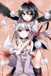  2girls :o animal_ears bare_shoulders black_hair blush bon detached_sleeves hat hug hug_from_behind inubashiri_momiji multiple_girls red_eyes shameimaru_aya short_hair silver_hair smile solo tail tokin_hat touhou wings wolf_ears wolf_tail 