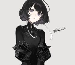  1girl black_dress black_eyes black_hair center-flap_bangs commentary commentary_request cross cross_patonce dress grey_background kawaguchi_(mojacome) latin_cross looking_at_viewer multicolored_hair original parted_lips shirt short_hair simple_background solo streaked_hair twitter_username upper_body white_streaks 