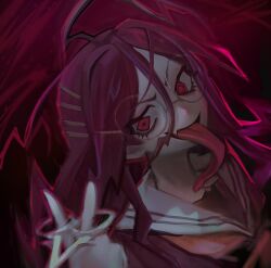  1girl ahoge commentary danganronpa_(series) danganronpa_another_episode:_ultra_despair_girls fang fukawa_toko genocider_sho glasses hair_ornament hairclip highres holding holding_scissors long_tongue opaque_glasses parallel_hairclips portrait purple_hair red_eyes sailor_collar school_uniform scissors serafuku skin_fang solo tongue untranslatable_commentary v1v404 white_sailor_collar 