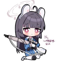  1girl ahoge animal_ears black_gloves black_hair blue_archive blue_serafuku blue_shirt blue_skirt blush bolt_action chibi closed_mouth commentary fake_animal_ears full_body gloves gun halo highres holding holding_gun holding_weapon jkh262 knee_pads long_hair long_sleeves miyu_(blue_archive) pantyhose red_eyes rifle sailor_collar school_uniform serafuku shirt shoes simple_background sitting skirt solo weapon white_background white_pantyhose white_sailor_collar 