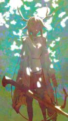  1girl absurdres animal_ears antlers arknights commentary deer_antlers deer_girl english_commentary feet_out_of_frame highres holding holding_sword holding_weapon horns jacket kevin_adi long_hair long_sleeves looking_at_viewer open_clothes pantyhose rangers_(arknights) skirt solo standing sword weapon 
