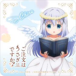  1girl :o angel angel_wings bare_arms bare_shoulders blue_background blue_eyes blue_hair book border character_name collarbone copyright_logo copyright_name copyright_notice cowboy_shot dress feathered_wings feathers flower flower_wreath gochuumon_wa_usagi_desu_ka? hair_ornament halter_dress halterneck holding holding_book kafuu_chino logo long_hair looking_at_viewer official_art open_book open_mouth ornate_border sleeveless sleeveless_dress solo standing white_dress white_wings wings x_hair_ornament yellow_flower 