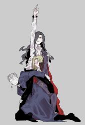  3boys absurdres arm_up ascot black_coat black_hair black_pants black_shoes black_skin blonde_hair brown_cape cape carrying carrying_multiple_people carrying_person closed_eyes coat collared_shirt colored_skin commentary_request curtained_hair formal_clothes grey_hair group_picture hair_over_one_eye hand_on_another's_back hand_up highres hunched_over kneeling long_hair looking_up male_focus medium_hair melty_blood michael_roa_valdamjong multiple_boys necco night_of_wallachia nrvnqsr_chaos open_clothes open_shirt pale_skin pants purple_pants purple_shirt reaching red_eyes shirt shoes short_hair sweat trench_coat tsukihime vampire veiny_face wavy_hair wavy_sidelocks white_ascot white_shirt 