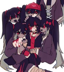  6+girls biting black_hair blood blood_on_face blue_hair clone colored_skin grey_skin hat hatsune_miku highres kasane_teto lod_(lodddd) multicolored_hair multiple_girls red_eyes red_hair utau vocaloid yararara_(synthesizer_v) yuri zombie 