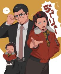  1boy 1girl akame_(ryuu_ga_gotoku) beard black_hair black_suit brown_pants chibi coat collarbone commentary_request enokido facial_hair forehead highres holding holding_removed_eyewear kiryu_kazuma long_hair long_sleeves necktie open_mouth pants red_coat red_hair ryuu_ga_gotoku_(series) ryuu_ga_gotoku_7_gaiden shirt suit sunglasses unworn_eyewear white_shirt 