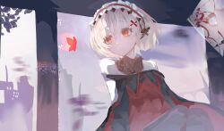  1girl arcaea bare_shoulders black_pantyhose blonde_hair broken_glass bug butterfly closed_mouth commentary_request detached_collar dress frilled_hairband frills glass hair_ornament hairband highres maya_(arcaea) off-shoulder_dress off_shoulder pantyhose red_butterfly red_dress red_eyes reflection short_hair solo upper_body vita_(arcaea) wansu_desu white_hairband x_hair_ornament 