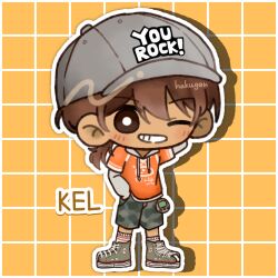  1boy alternate_eye_color artist_name baseball_cap bright_pupils brown_eyes brown_hair camouflage camouflage_shorts character_name chibi chibi_only commentary_request dark-skinned_male dark_skin green_shoes grey_hat hakugen0720 hat highres hood hood_down hoodie kel_(birthday)_(omori) kel_(faraway)_(omori) kel_(omori) looking_at_viewer official_alternate_costume omori one_eye_closed open_mouth orange_hoodie outline shoes shorts sneakers solo teeth white_outline white_pupils 