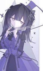  1girl absurdres black_hair black_sleeves border bow bug butterfly closed_mouth commentary_request dress drumsticks frilled_sleeves frills grey_eyes greyscale hair_ornament hat hat_bow highres holding holding_drumsticks icetreset873 karaoke_manekineko kurobe_nanoka long_hair looking_at_viewer mahou_shoujo_no_majo_saiban mini_hat mini_top_hat monochrome official_alternate_costume purple_butterfly purple_dress purple_hat solo top_hat twintails upper_body white_border wide_sleeves 