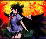  arm_cannon black_hair blouse bow cape hair_bow letterboxed long_hair mizuga red_eyes reiuji_utsuho skirt solo touhou very_long_hair weapon wings 
