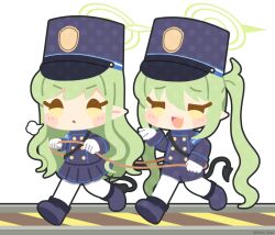  2girls :d blue_archive blue_boots blush_stickers boots buttons chibi chibi_only commentary_request double-breasted fang full_body gloves green_hair green_halo hair_between_eyes halo hat hikari_(blue_archive) holding holding_rope kinubari_nerune long_hair multiple_girls no_lineart nozomi_(blue_archive) open_mouth pantyhose peaked_cap pointy_ears puff_of_air rope short_hair siblings sidelocks simple_background sisters skin_fang smile twins twintails v-shaped_eyebrows white_background white_gloves white_pantyhose yellow_eyes 