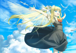  1girl :d air_(visual_novel) ascot bird black_dress blonde_hair blue_eyes blue_sky bon_bon_eee clouds collared_shirt commentary_request cowboy_shot dress energy_wings from_side hair_between_eyes hair_ribbon highres kamio_misuzu korean_commentary long_hair long_sidelocks looking_ahead open_mouth outstretched_arms pinafore_dress ponytail red_ascot ribbon seagull shirt sidelocks sky sleeveless sleeveless_dress smile solo spread_arms standing teeth upper_teeth_only very_long_hair white_ribbon white_shirt 