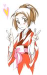  bad_id blush brown_eyes brown_hair double_v fuu japanese_clothes kimono ponytail samurai_champloo smile solo v 