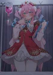  1girl absurdres blue_eyes blush clipboard curtains dress frilled_dress frills gold_trim guruten3347 hair_ornament hand_on_own_cheek hand_on_own_face highres holding holding_clipboard honkai:_star_rail honkai_(series) hospital hyacine_(honkai:_star_rail) indoors intravenous_drip long_hair looking_at_viewer nurse pink_hair puffy_sleeves red_dress smile solo thigh-highs twintails white_dress 