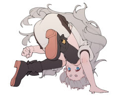  1girl a.i._voice black_boots black_socks blue_eyes boots braid commentary_request dynamic_pose from_below full_body grey_hair kizuna_akari kizuna_akari_(tsubomi) kneehighs long_hair looking_at_viewer miniskirt puffy_short_sleeves puffy_sleeves shirinda_fureiru shirt short_eyebrows short_sleeves side_braid simple_background skirt socks solo somersault upside-down white_background white_shirt white_skirt 