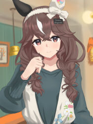  1girl animal_ears blue_dress blush braid braided_sidelocks breasts brown_hair closed_mouth commentary_request curren_bouquetd'or_(casual)_(umamusume) curren_bouquetd'or_(umamusume) dress ear_covers floral_print grey_eyes hair_between_eyes hairband highres horse_ears horse_girl indoors katapatto long_hair long_sleeves looking_at_viewer low_twin_braids mismatched_ear_covers multicolored_hair sidelocks smile solo streaked_hair twin_braids umamusume very_long_braid white_hairband white_streaks 
