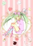  argyle argyle_legwear bad_id bow cake clubs cup diamond food footwear green_hair hair_bow hatsune_miku heart highres kame_nyanko key kneehighs lock long_hair open_mouth pink_legwear pocket_watch sitting socks solo spade teacup twintails very_long_hair vocaloid watch 