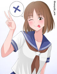  1girl absurdres blue_sailor_collar blue_skirt blush brown_eyes brown_hair commentary_request highres janken_game_acchi_muite_hoi! looking_at_viewer naoyuki_arts neckerchief red_neckerchief sailor_collar school_uniform serafuku shirt short_hair simple_background skirt smile solo speech_bubble tomomi_(janken_game_acchi_muite_hoi!) tongue twitter_username v white_shirt x_(symbol) 