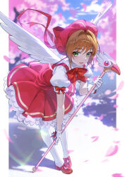  1girl absurdres antenna_hair bow bowtie brown_hair cardcaptor_sakura cherry_blossoms commentary_request day dress green_eyes hair_intakes hat highres holding holding_wand kinomoto_sakura leaning_forward pantyhose pinafore_dress red_bow red_bowtie red_dress red_hat red_shoes shirt shoes short_hair sleeveless sleeveless_dress solo standing tupiao_shaonu wand white_pantyhose white_shirt wings 