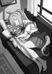  1girl absurdres animal_ears barefoot braid character_doll chococonisky closed_eyes closed_mouth clothes_around_waist couch crown_braid doll ear_ornament highres horse_ears horse_girl horse_tail long_hair lying mejiro_ardan_(umamusume) monochrome on_couch on_side pillow sakura_chiyono_o_(umamusume) school_uniform shirt skirt sleeping tail umamusume 