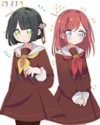  2girls black_hair black_pantyhose blue_eyes blunt_bangs blunt_ends blush bob_cut brown_dress cerise_bouquet closed_mouth col_person commentary dress expressionless flower flower_knot flying_sweatdrops green_eyes group_name hair_flower hair_ornament hand_up highres kinjo_maika long_hair long_sleeves love_live! love_live!_hasu_no_sora_jogakuin_school_idol_club momose_ginko multiple_girls neckerchief notice_lines own_hands_together pantyhose parted_lips pink_flower red_hair red_neckerchief sailor_collar sailor_dress short_hair simple_background untranslatable_commentary v_arms virtual_youtuber white_background white_sailor_collar winter_uniform yellow_neckerchief 