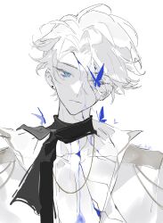  1boy absurdres blue_eyes bug butterfly butterfly_on_head closed_mouth commentary cracked_clothes cracked_skin empty_eyes expressionless head_tilt highres looking_at_viewer male_focus nice_(to_be_hero_x) scarf shirt short_hair simple_background solo spoilers spot_color to_be_hero_x untranslatable_commentary upper_body xianzai_shi_wujiao_shijian 