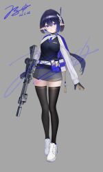  1girl absurdres black_gloves black_hair black_pantyhose black_sweater black_thighhighs blue_hair full_body gloves grey_background grey_skirt gun highres holding holding_gun holding_weapon jerry_wang looking_at_viewer necktie open_mouth original pantyhose pointy_ears purple_necktie scope shoes simple_background skirt sweater thigh-highs violet_eyes weapon weapon_request white_shoes 