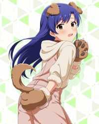 1girl animal_collar animal_ears animal_hands blue_hair blush brown_eyes card_commentary collar commentary_request cowboy_shot dog_ears dog_paws dog_tail fake_animal_ears fake_tail from_behind game_asset gloves hood hood_down hoodie idolmaster idolmaster_(classic) idolmaster_million_live! idolmaster_million_live!_theater_days kisaragi_chihaya long_hair looking_at_viewer looking_back official_alternate_costume official_art open_mouth overalls paw_gloves pink_overalls red_collar solo standing tail third-party_source wanwan_wonderful_(idolmaster) white_hoodie 