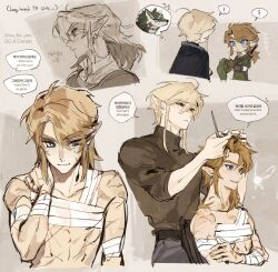  absurdres bandaged_chest blonde_hair blue_eyes commentary_request earrings english_text highres implied_yaoi isa-415810 jewelry korean_text link long_sidelocks mixed-language_text oc_x_canon pointy_ears sidelocks simple_background sketch speech_bubble sweatdrop the_legend_of_zelda the_legend_of_zelda:_breath_of_the_wild the_legend_of_zelda:_twilight_princess thought_bubble twitter_username yellow_eyes 