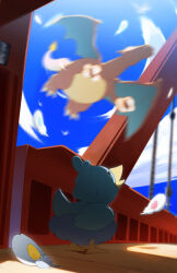  absurdres art_eichi beak bird blue_sky bridge charizard claws clouds commentary_request dragon duck ducklett feathers fire flame-tipped_tail flying highres no_humans outdoors pokemon pokemon_(creature) pokemon_focus sky tail wings 