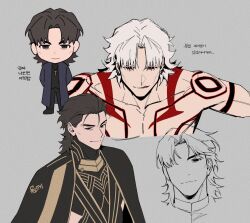  1boy arms_behind_back bare_shoulders black_eyes body_markings brown_hair closed_mouth commentary_request cowlick cropped_torso cross cross_necklace curtained_hair fate/grand_order fate_(series) grey_background grigori_rasputin_(fate) grigori_rasputin_(second_ascension)_(fate) grigori_rasputin_(third_ascension)_(fate) high_collar highres jewelry korean_commentary kotomine_kirei latin_cross licking_lips looking_at_viewer multiple_expressions multiple_views necklace outstretched_arms red_eyes simple_background smirk spread_arms tongue tongue_out upper_body white_hair zzurumiru 