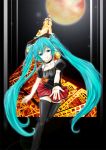  aqua_eyes aqua_hair bad_id full_moon hatsune_miku itsuku_(i-pic) long_hair moon outstretched_hand red_moon skirt thigh-highs thighhighs tokyo_tower tower twintails very_long_hair vocaloid wristband 
