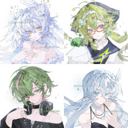  1boy 3girls absurdres bare_shoulders black_shirt blue_eyes blue_hair choker closed_mouth collarbone commission glasses green_hair hair_ornament hair_over_one_eye hand_on_own_chest headphones headphones_around_neck highres jewelry long_hair looking_at_viewer multicolored_hair multiple_girls necklace off_shoulder original peng_mie pink_hair shirt short_hair smile violet_eyes white_background white_hair yellow_eyes 