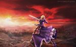  armor battle battlefield blonde_hair fate/stay_night fate_(series) from_behind hair_bun highres red_sky saber sky solo standing sword ushas weapon 