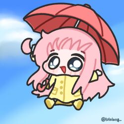  1girl blue_eyes blush bocchi_the_rock! boots chibi chibi_only commentary cube_hair_ornament gotoh_hitori hair_ornament highres holding holding_umbrella korean_commentary lulalang pink_hair raincoat sky solo twitter_username umbrella umbrella_riding yellow_boots 