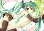  amane_kurumi blush detached_sleeves green_eyes green_hair hatsune_miku long_hair necktie no_panties pillow pillow_hug skirt solo spring_onion straddle themed_object thigh-highs thighhighs twintails very_long_hair vocaloid 