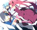  blue_hair boots cape gloves hand_on_another's_face hand_to_face long_hair magical_girl mahou_shoujo_madoka_magica miki_sayaka multiple_girls ponytail red_eyes red_hair redhead sakura_kyouko short_hair smile soranagi tears thigh-highs thighhighs white_gloves wiping_tears 