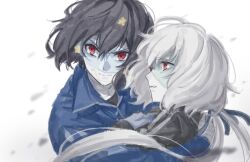  2girls black_gloves black_hair blue_jacket closed_mouth commentary english_commentary gloves highres hug jacket konno_junko long_hair mizuno_ai multiple_girls open_mouth patchwork_skin red_eyes short_hair simple_background skirt split_mouth track_jacket upper_body v-shaped_eyebrows white_background white_hair white_skirt zenma_trang zombie_land_saga 