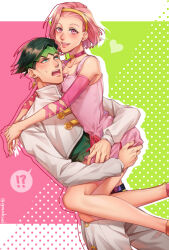  !? absurdres carrying carrying_person choker commentary davierrr dress earrings green_eyes green_hair hairband heart highres jewelry jojo_no_kimyou_na_bouken kishibe_rohan open_mouth pink_choker pink_dress pink_eyes pink_hair simple_background smile speech_bubble spoken_interrobang sugimoto_reimi untranslatable_commentary 