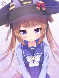  1girl amamiya_marron animal_ears blush bow bowtie braid braided_hair_rings breasts brown_hair collarbone ear_bow hair_rings hat hat_with_ears horse_ears horse_girl horse_tail long_hair long_sleeves looking_at_viewer parted_lips pleated_skirt purple_sailor_collar purple_serafuku purple_shirt purple_skirt sailor_collar sailor_shirt school_uniform serafuku shirt skirt small_breasts solo sweep_tosho_(umamusume) tail tracen_school_uniform twintails umamusume violet_eyes white_bow white_bowtie witch_hat 